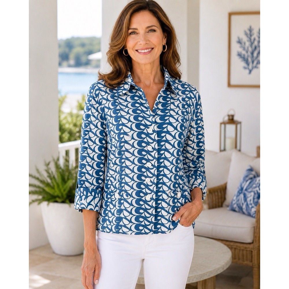Blue White Retro Geometric Button Front Top 14 Linen Blend Lined Quiet Luxury